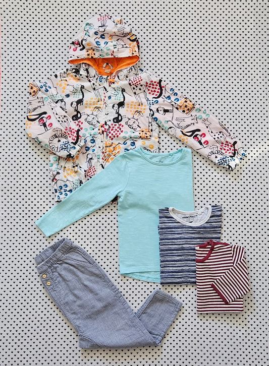 Kids | Junge | 5-tlg. Set: T-Shirt (Next), Langarmshits (Manor & l'asticot), Jacke (tuctuc) und Hose von H&M, Gr. 104